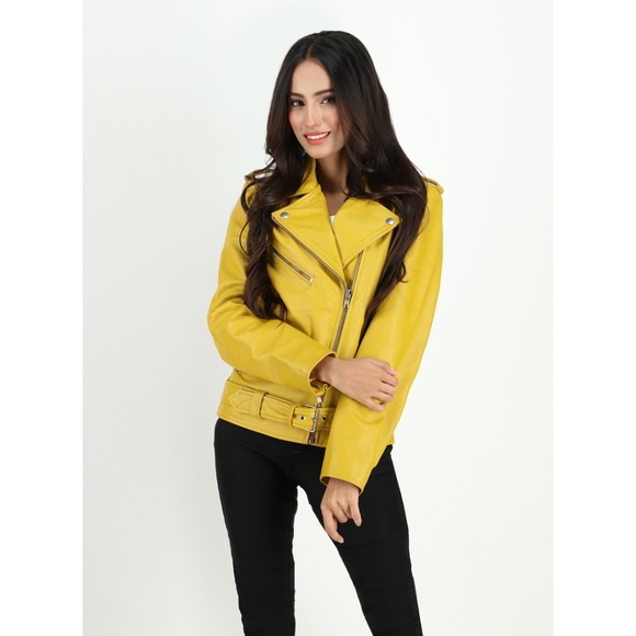 Women's Moto Style Cowhide Yellow Leather Jacket - Picture 1 of 6